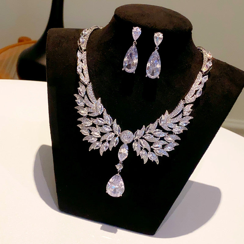 Luxury Angel Wing Zircon Necklace & Earring Set - Eco-Friendly Copper Thick White K Gold Plated Bridal Evening Jewelry LUNA-X146