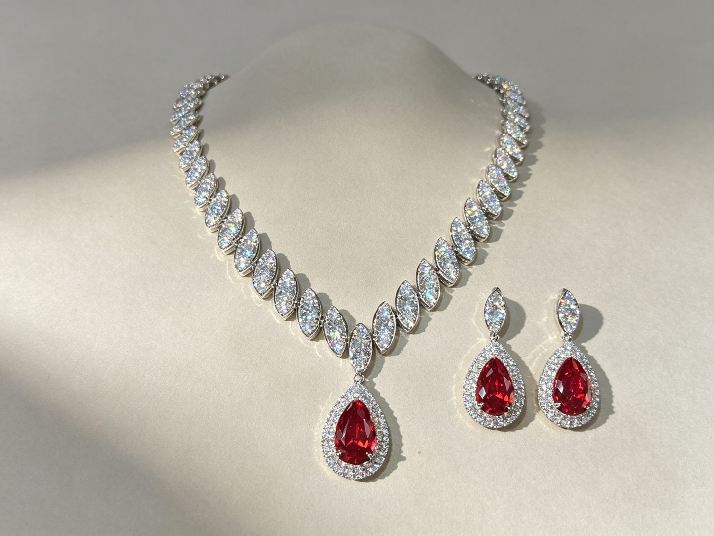 Luxury Teardrop Cubic Zirconia Jewelry Set - Elegant Crystal Statement Necklace and Dangle Earrings - White Gold Plated Bridal Banquet Set in 4 Royal Colors LUNA-X124
