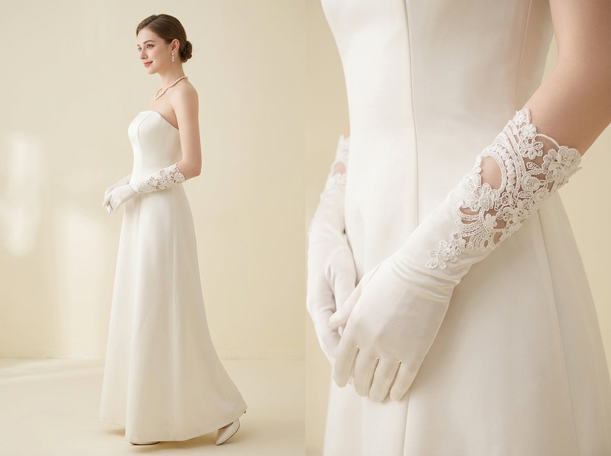 Ivory Satin Long Bridal Gloves with French Embroidery for Wedding LUNA-X185