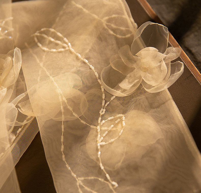 Dreamy 3D Organza Flower Bridal Sleeves, 56cm Light Beige Sheer Tulle Fingerless Gloves with Hand-Beaded Vines for Romantic Bride LUNA-X177