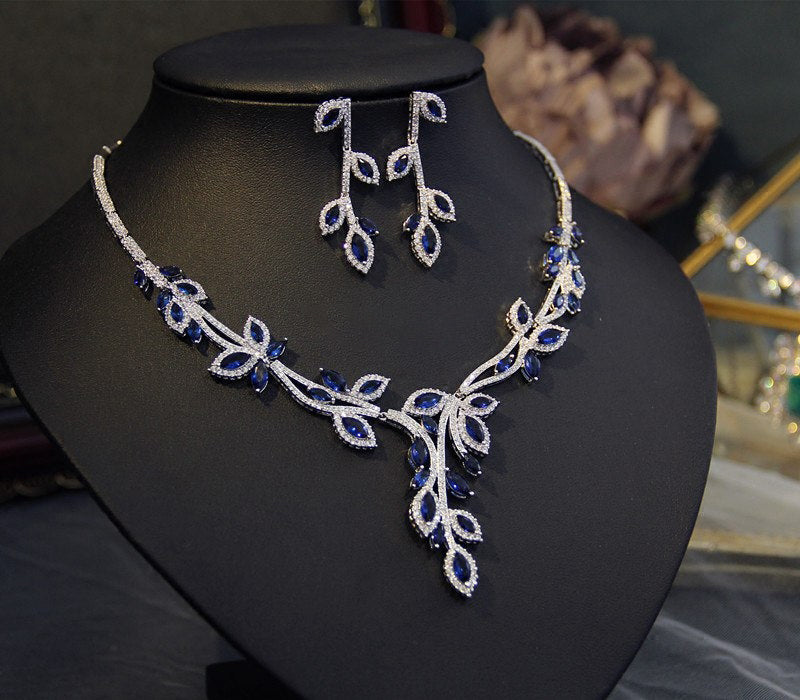 Botanical Vine Bridal Jewelry Set, Luxury Marquise CZ Leaf Necklace & 4.2cm Dangle Earrings Set for Wedding, Royal Blue & Emerald Green  LUNA-X173