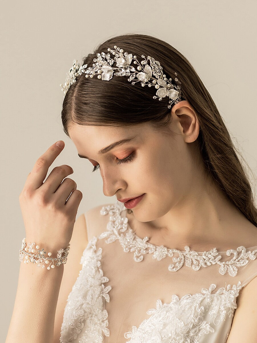 Silver Crystal Pearl Floral Vine Bridal Headband for Wedding and Banquet LUNA-X194