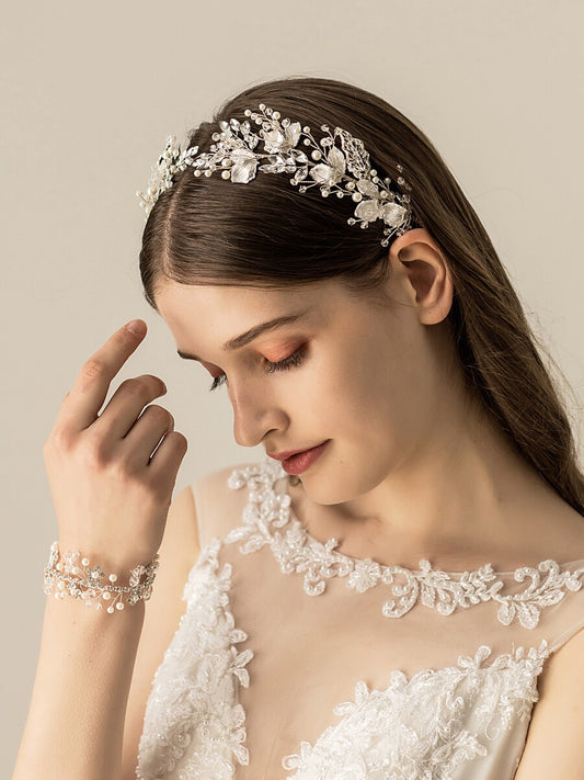 Silver Crystal Pearl Floral Vine Bridal Headband for Wedding and Banquet LUNA-X194