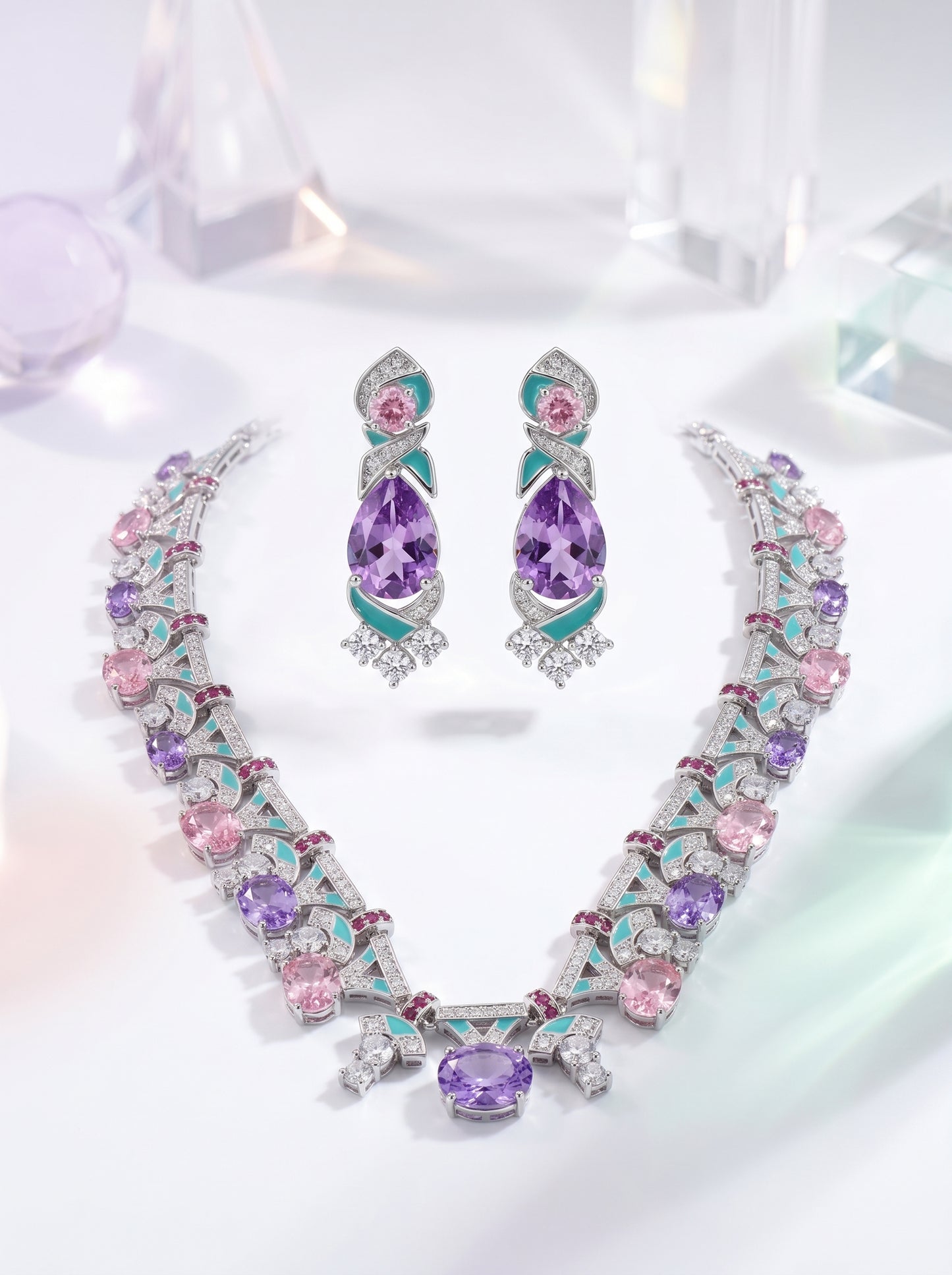 "Palace Garden Palette" Vintage Geometric Jewelry Set, Radiant Pastel Ombre Gemstone Cascade Fringe Necklace & Royal Drop Earrings Duo LUNA-X164