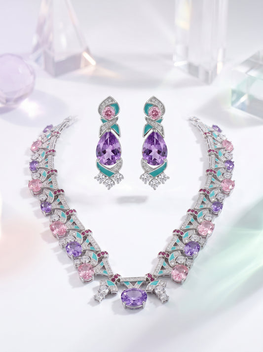 "Palace Garden Palette" Vintage Geometric Jewelry Set, Radiant Pastel Ombre Gemstone Cascade Fringe Necklace & Royal Drop Earrings Duo LUNA-X164