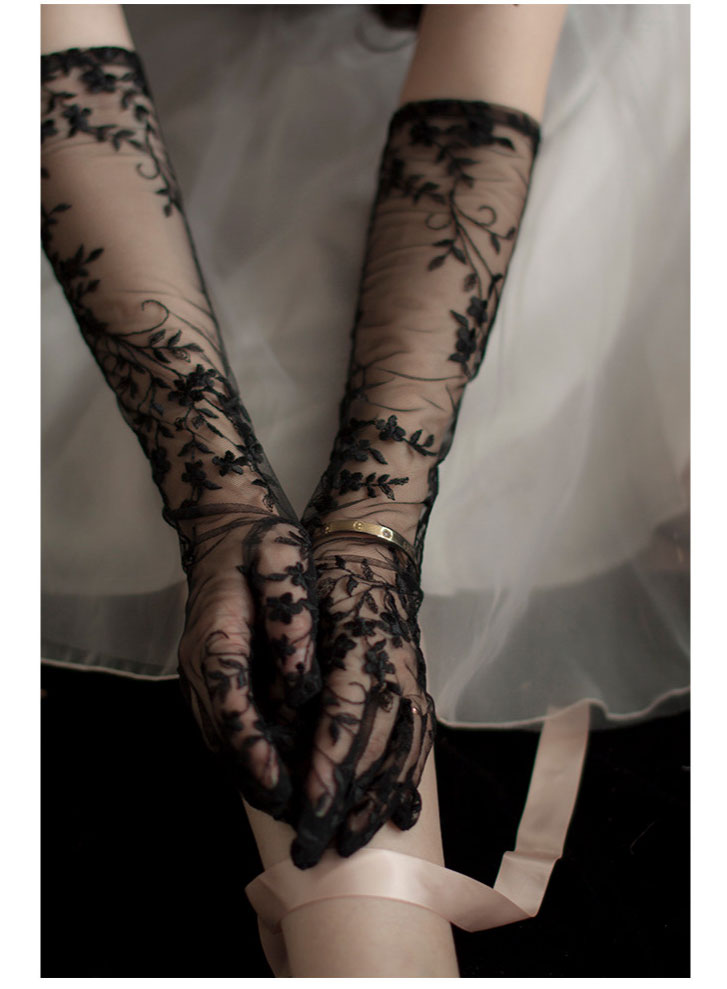 Gothic Black Lace Bridal Gloves - 50cm Long Embroidered Tattoo-Effect Sheer Wedding Gloves - Vintage Noir Floral Opera Mittens for Photo Shoot & Elopement LUNA-X312