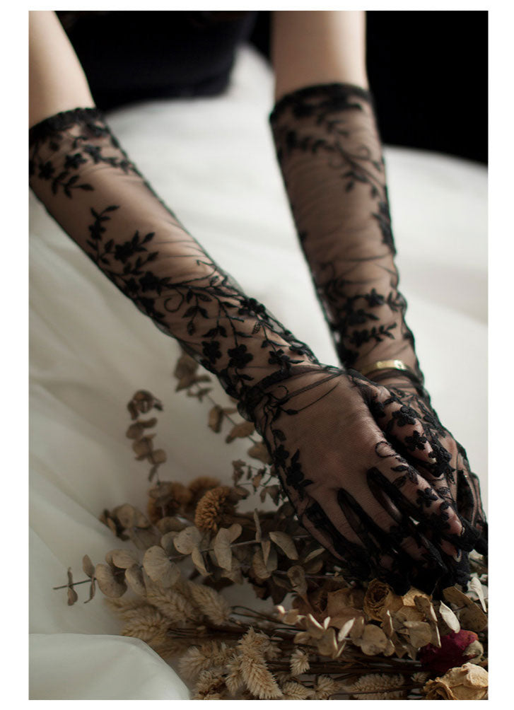 Gothic Black Lace Bridal Gloves - 50cm Long Embroidered Tattoo-Effect Sheer Wedding Gloves - Vintage Noir Floral Opera Mittens for Photo Shoot & Elopement LUNA-X312