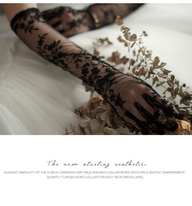 Gothic Black Lace Bridal Gloves - 50cm Long Embroidered Tattoo-Effect Sheer Wedding Gloves - Vintage Noir Floral Opera Mittens for Photo Shoot & Elopement LUNA-X312