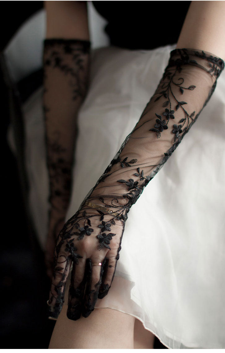 Gothic Black Lace Bridal Gloves - 50cm Long Embroidered Tattoo-Effect Sheer Wedding Gloves - Vintage Noir Floral Opera Mittens for Photo Shoot & Elopement LUNA-X312