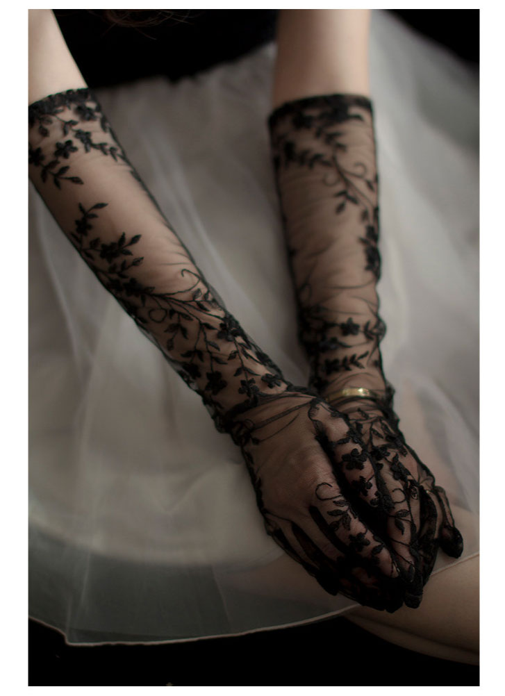 Gothic Black Lace Bridal Gloves - 50cm Long Embroidered Tattoo-Effect Sheer Wedding Gloves - Vintage Noir Floral Opera Mittens for Photo Shoot & Elopement LUNA-X312