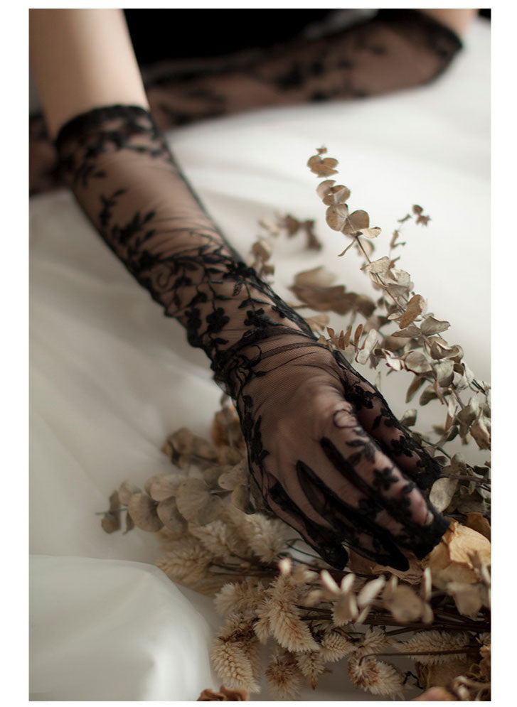 Gothic Black Lace Bridal Gloves - 50cm Long Embroidered Tattoo-Effect Sheer Wedding Gloves - Vintage Noir Floral Opera Mittens for Photo Shoot & Elopement LUNA-X312