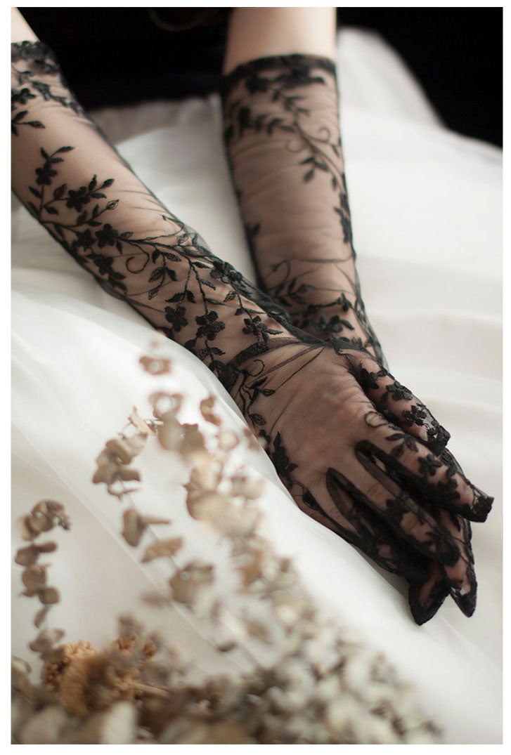 Gothic Black Lace Bridal Gloves - 50cm Long Embroidered Tattoo-Effect Sheer Wedding Gloves - Vintage Noir Floral Opera Mittens for Photo Shoot & Elopement LUNA-X312