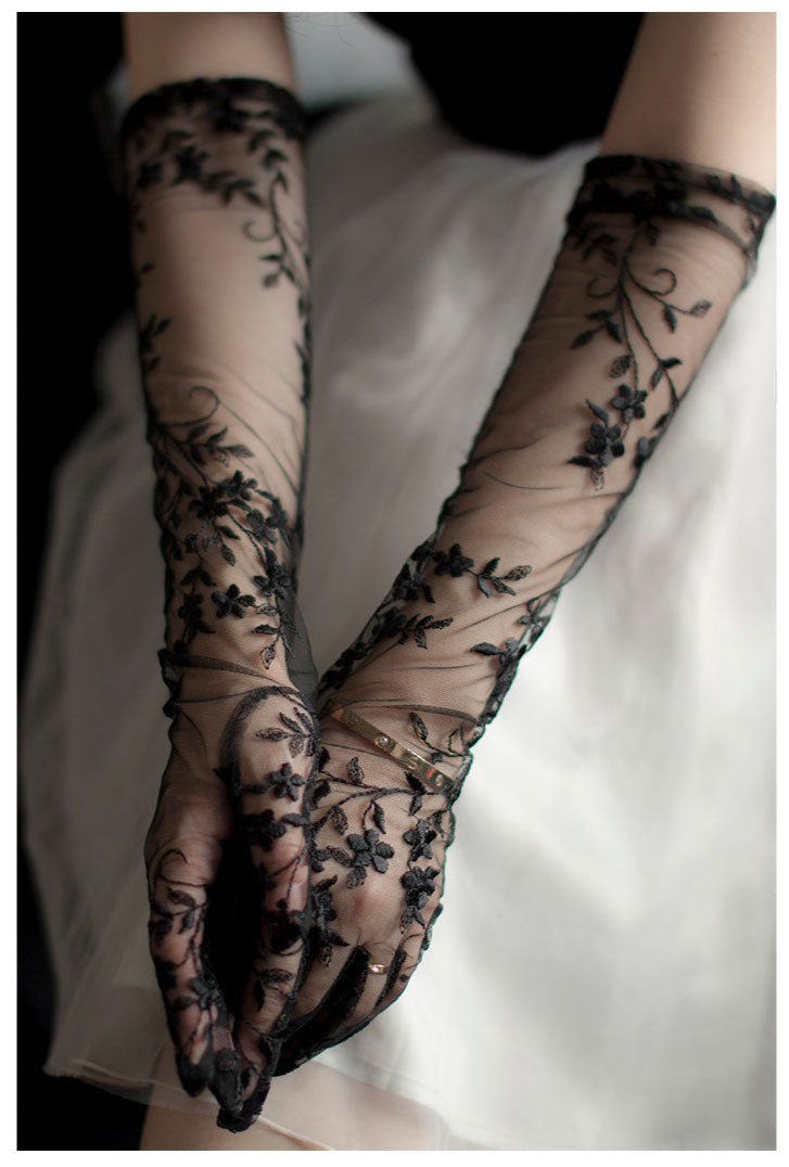 Gothic Black Lace Bridal Gloves - 50cm Long Embroidered Tattoo-Effect Sheer Wedding Gloves - Vintage Noir Floral Opera Mittens for Photo Shoot & Elopement LUNA-X312