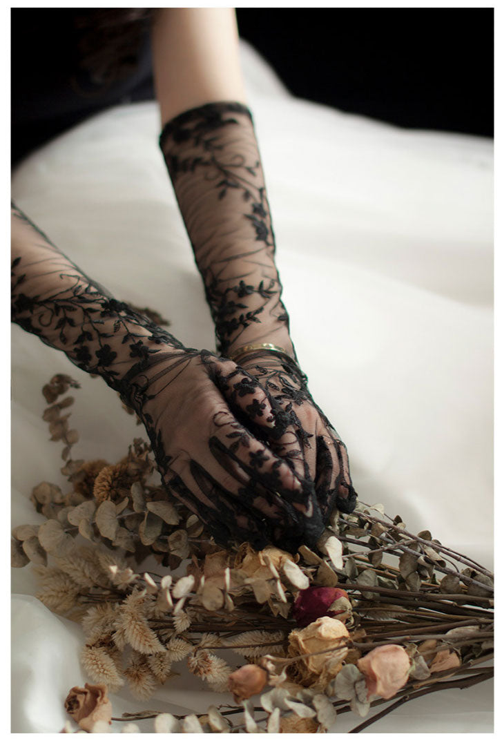 Gothic Black Lace Bridal Gloves - 50cm Long Embroidered Tattoo-Effect Sheer Wedding Gloves - Vintage Noir Floral Opera Mittens for Photo Shoot & Elopement LUNA-X312