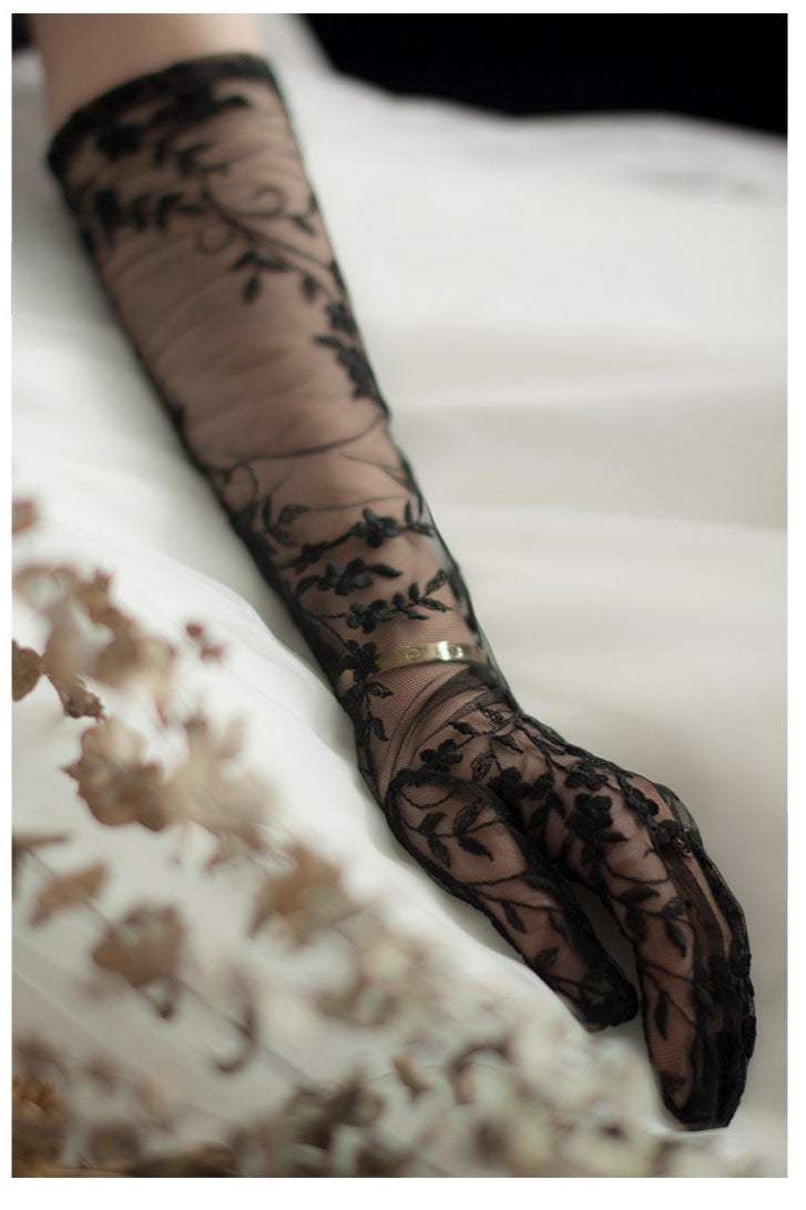 Gothic Black Lace Bridal Gloves - 50cm Long Embroidered Tattoo-Effect Sheer Wedding Gloves - Vintage Noir Floral Opera Mittens for Photo Shoot & Elopement LUNA-X312