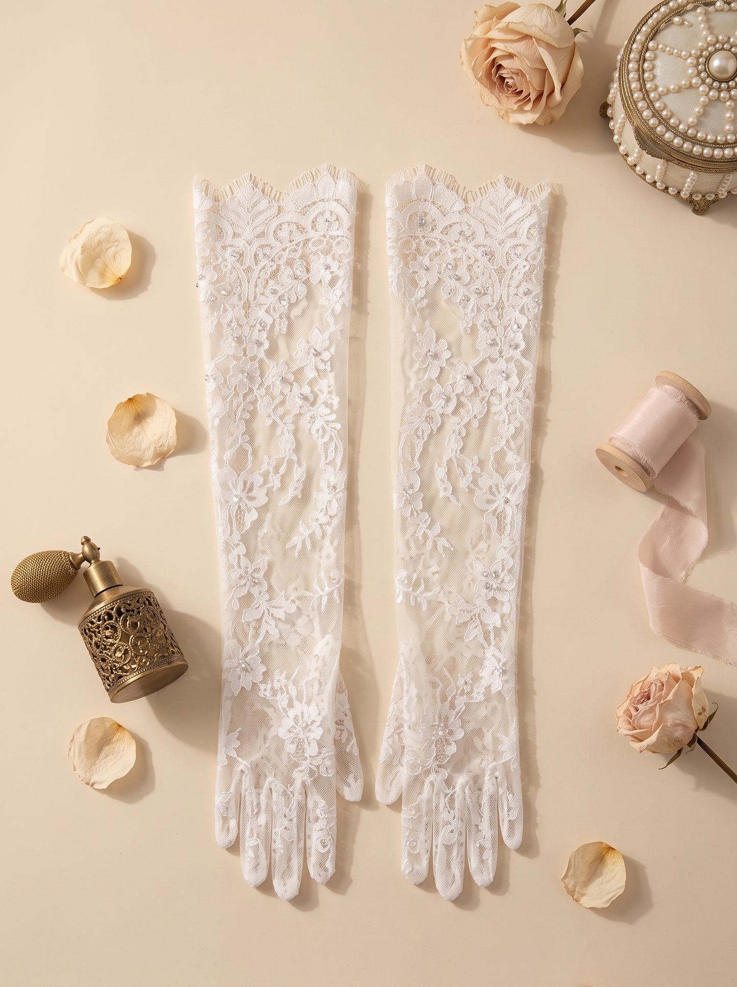 French Eyelash Lace Bridal Gloves - 60cm Long Over-the-Elbow Beaded Wedding Gloves - Luxury Hand-Stitched Pearl Floral Opera Gloves for Bride & Photo Shoot LUNA-X309