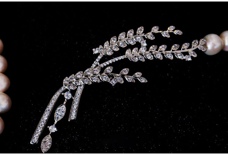 "Audrey's Garden" Freshwater Pearl & Marquise Zircon Leaf Drop Necklace, Platinum Plated Bridal & Timeless Cocktail Statement Jewelry LUNA-X167