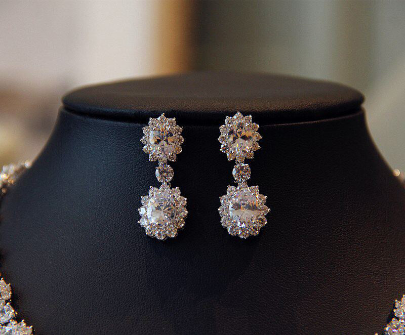 Luxury Geometric Cluster Bridal Jewelry Set, Platinum Plated AAA Zircon Marquise Tennis Necklace & Fluid Drop Earrings Duo for Wedding, Prom & Gala LUNA-X158