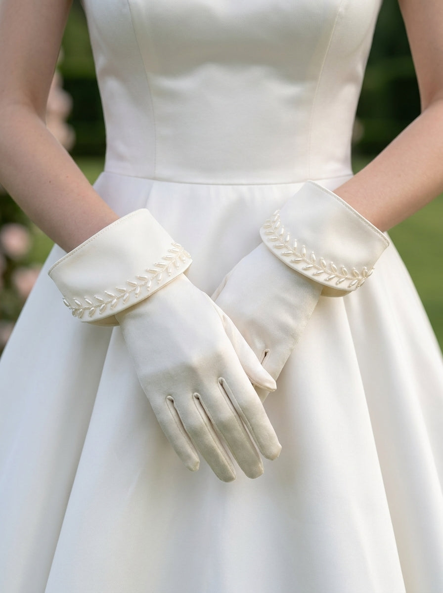 Champagne Satin Wheat-Spike Beaded Bridal Short Gloves for Wedding and Banquet  LUNA-X191