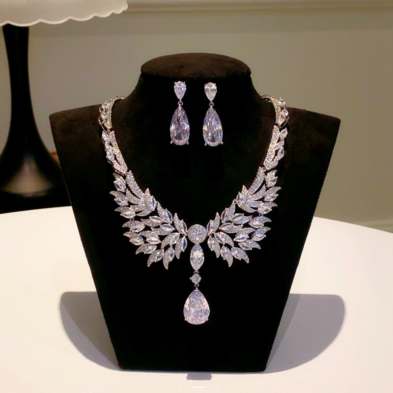 Luxury Angel Wing Zircon Necklace & Earring Set - Eco-Friendly Copper Thick White K Gold Plated Bridal Evening Jewelry LUNA-X146