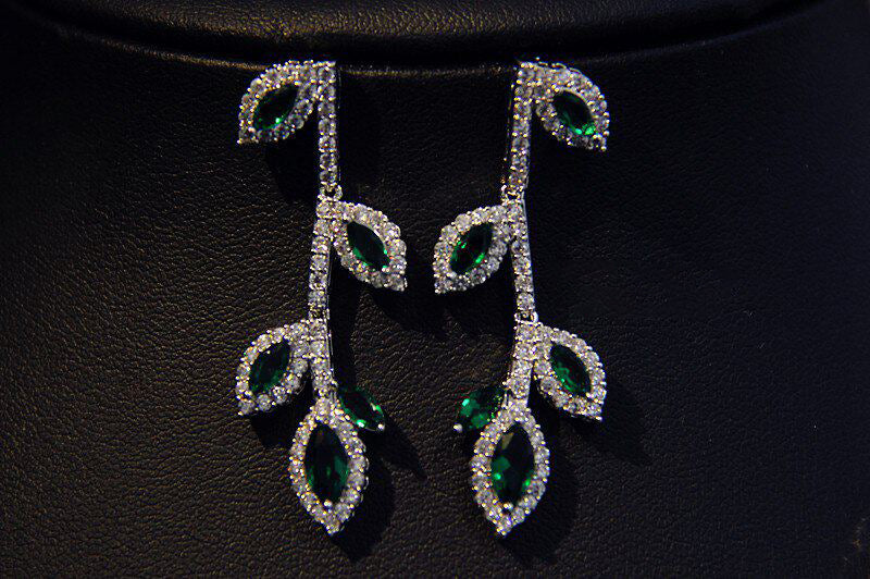 Botanical Vine Bridal Jewelry Set, Luxury Marquise CZ Leaf Necklace & 4.2cm Dangle Earrings Set for Wedding, Royal Blue & Emerald Green  LUNA-X173