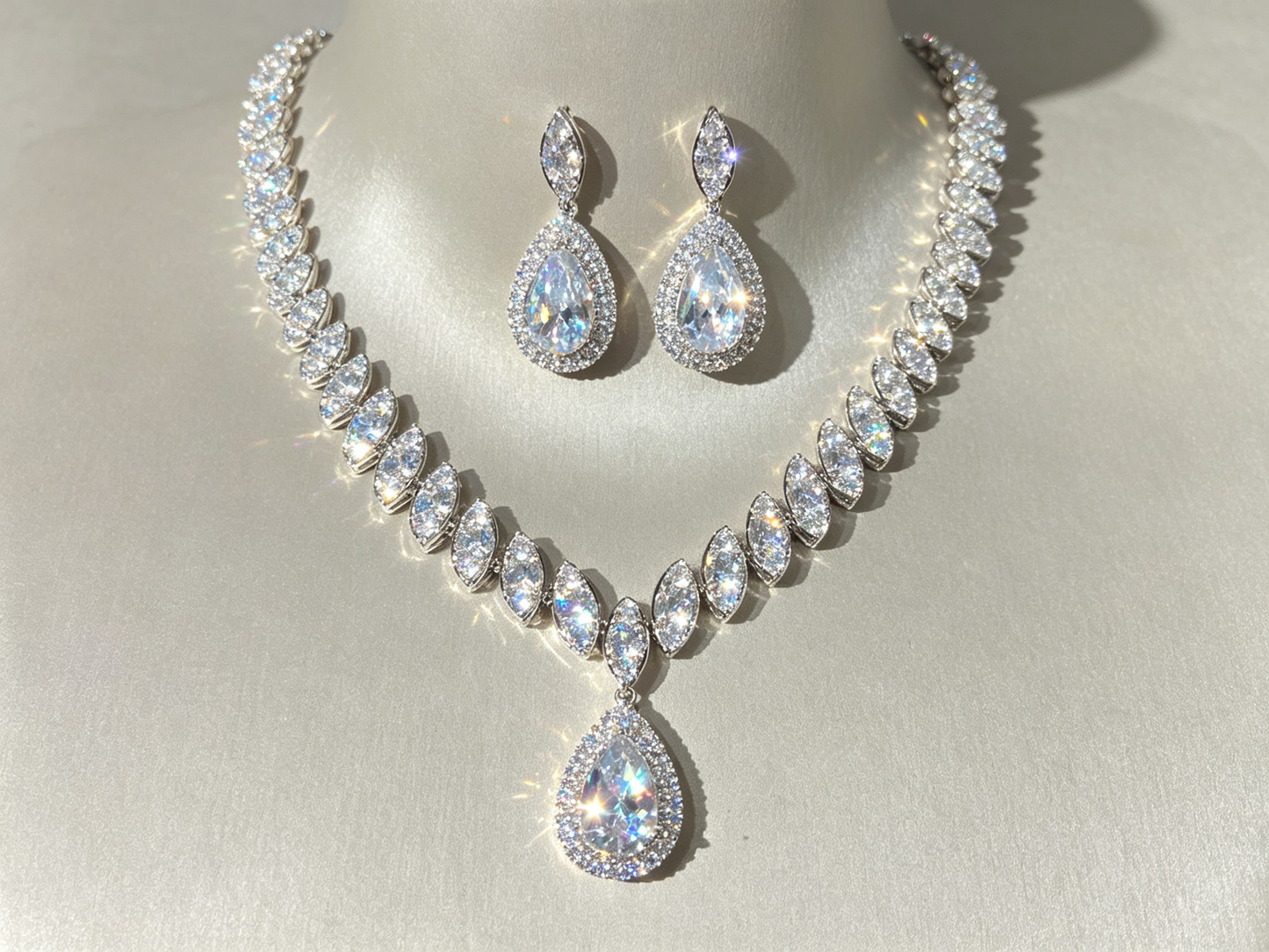 Luxury Teardrop Cubic Zirconia Jewelry Set - Elegant Crystal Statement Necklace and Dangle Earrings - White Gold Plated Bridal Banquet Set in 4 Royal Colors LUNA-X124