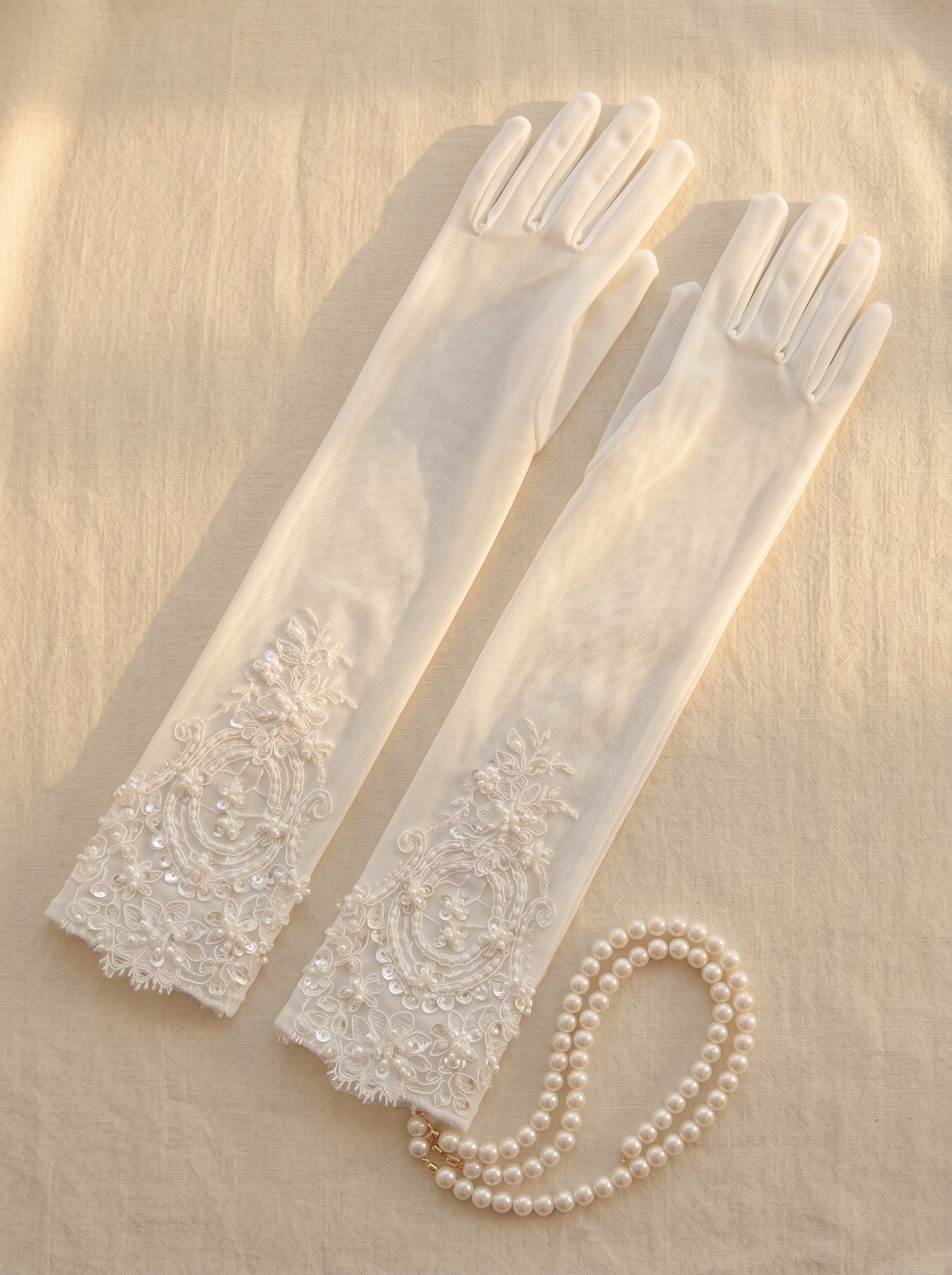 White Satin Bridal Gloves - 35cm Below Elbow Length Wedding Gloves with Hand-Beaded imitation pearls & Sequins - Vintage Regencycore Heavy Lace Prom Mittens LUNA-X308