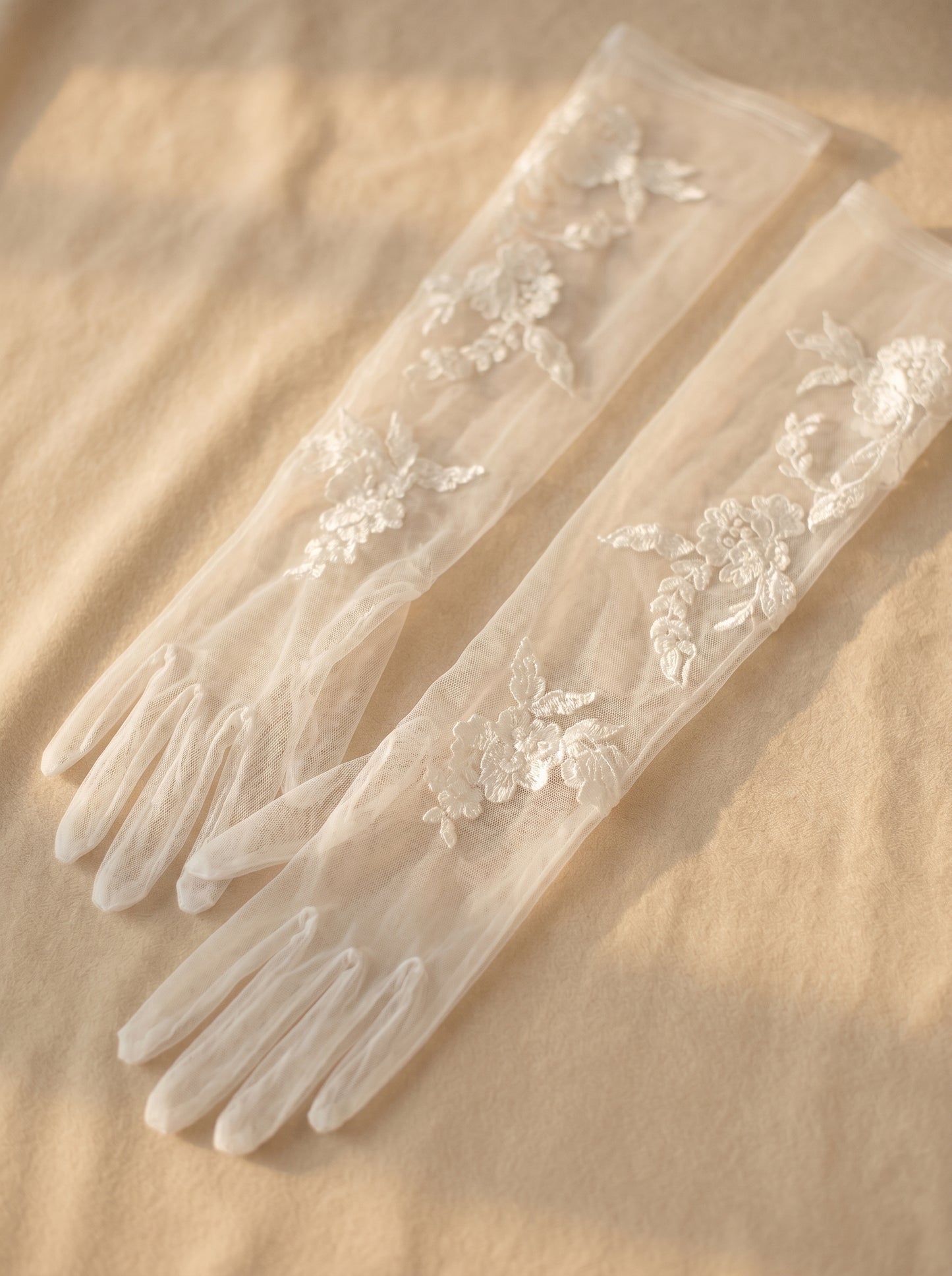 Off-White Embroidered Lace Bridal Gloves - 70cm Extra Long Shoulder Length High-Density Mesh Wedding Gloves - Anti-Wrinkle Slouchy Ruched Opera Mittens LUNA-X310