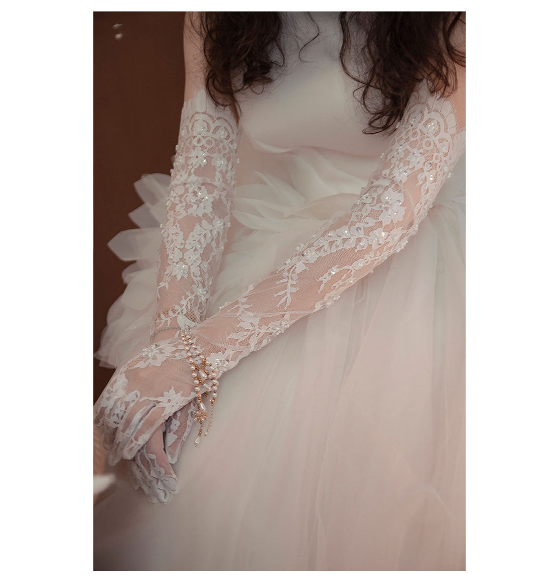 French Eyelash Lace Bridal Gloves - 60cm Long Over-the-Elbow Beaded Wedding Gloves - Luxury Hand-Stitched Pearl Floral Opera Gloves for Bride & Photo Shoot LUNA-X309