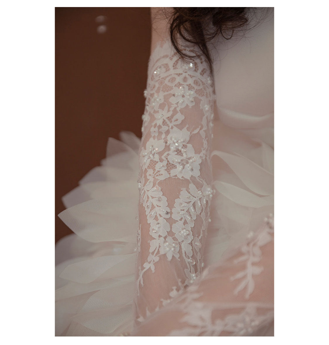 French Eyelash Lace Bridal Gloves - 60cm Long Over-the-Elbow Beaded Wedding Gloves - Luxury Hand-Stitched Pearl Floral Opera Gloves for Bride & Photo Shoot LUNA-X309