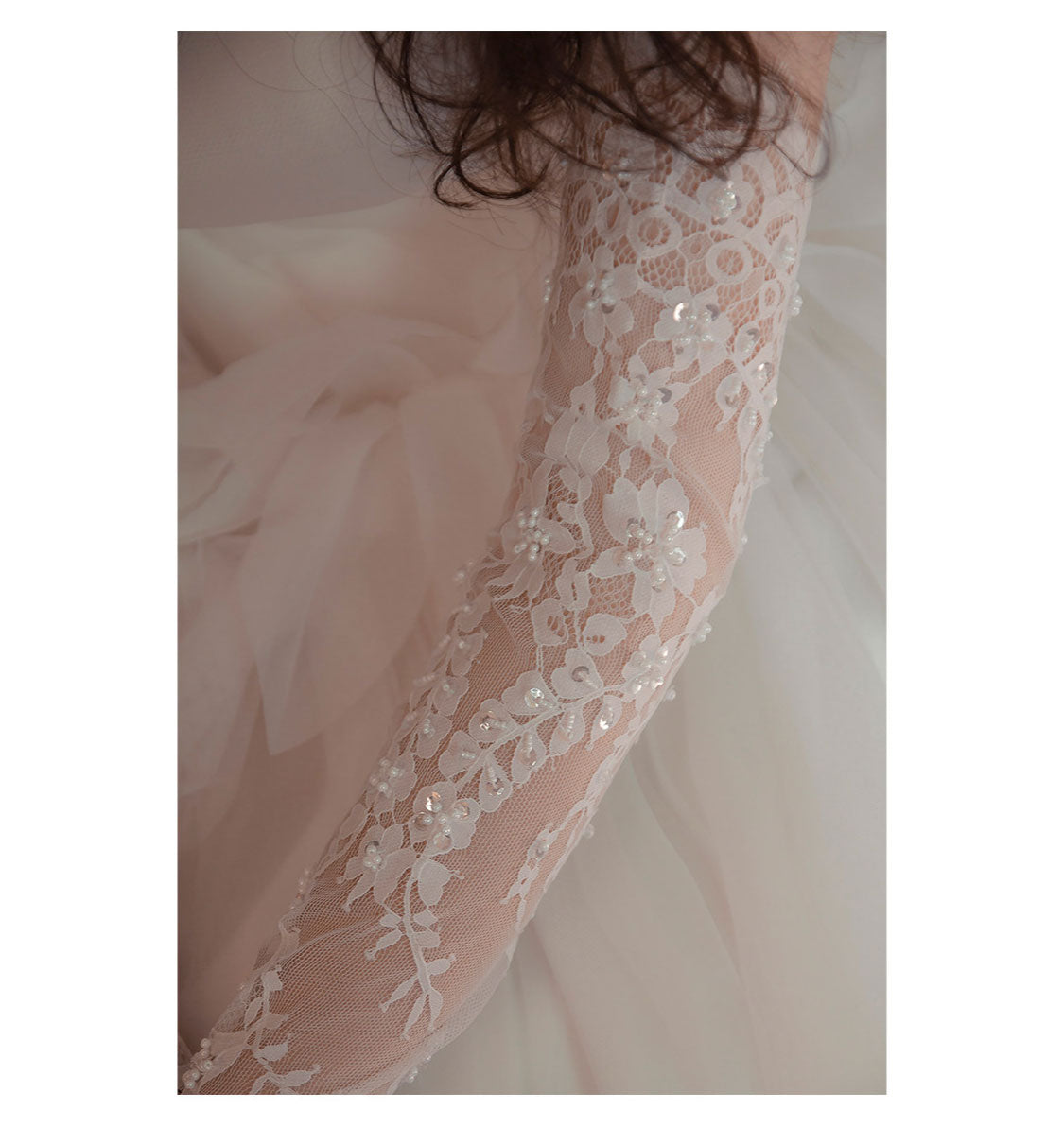French Eyelash Lace Bridal Gloves - 60cm Long Over-the-Elbow Beaded Wedding Gloves - Luxury Hand-Stitched Pearl Floral Opera Gloves for Bride & Photo Shoot LUNA-X309