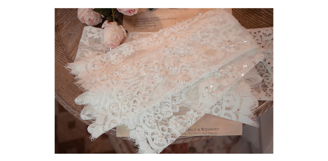 French Eyelash Lace Bridal Gloves - 60cm Long Over-the-Elbow Beaded Wedding Gloves - Luxury Hand-Stitched Pearl Floral Opera Gloves for Bride & Photo Shoot LUNA-X309