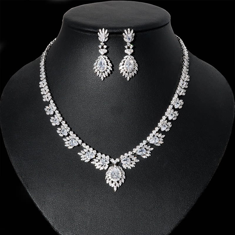 Luxury Cascading Floral Bridal Jewelry Set, Platinum Plated AAA Zircon Marquise Fringe Necklace & Dangle Earrings Set for Royal Wedding, Prom & Gala LUNA-X157