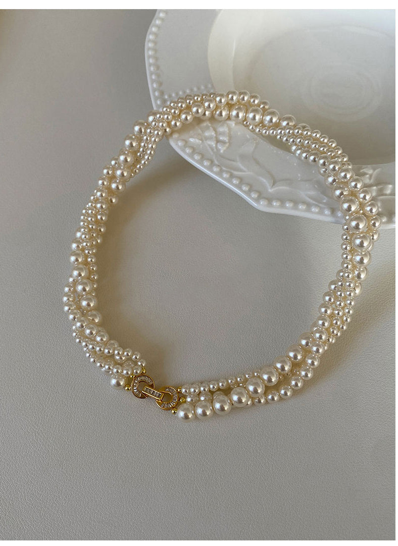 Twisted Braided Multi-Size Cream White Imitation Pearl Choker Necklace For Women 4/6/8mm Mixed Pearls Two Length 42-43cm & 45cm Vintage Elegant Wedding Daily Layered Jewelry Gift For Ladies Bride LUNA-X286