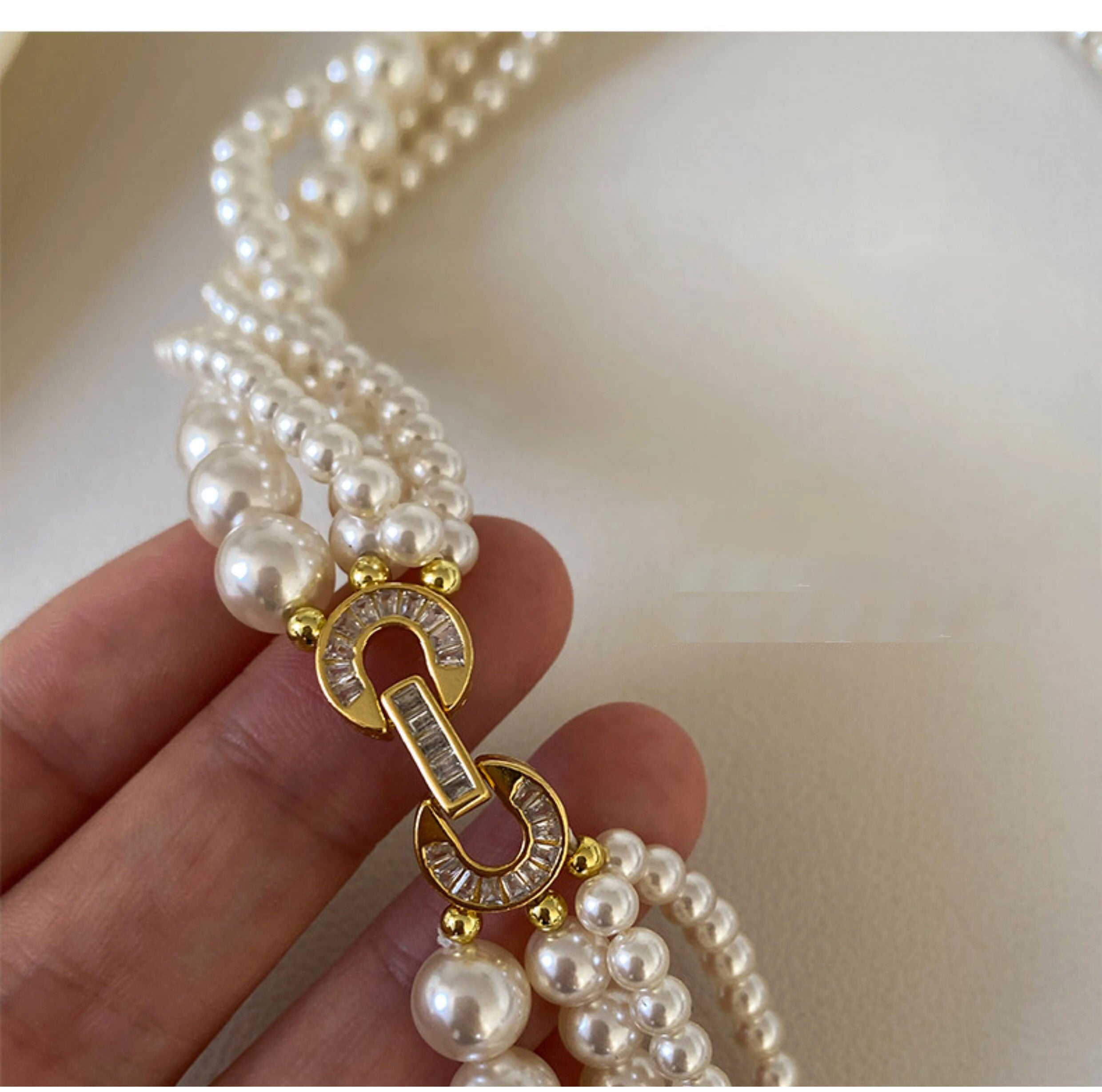 Twisted Braided Multi-Size Cream White Imitation Pearl Choker Necklace For Women 4/6/8mm Mixed Pearls Two Length 42-43cm & 45cm Vintage Elegant Wedding Daily Layered Jewelry Gift For Ladies Bride LUNA-X286