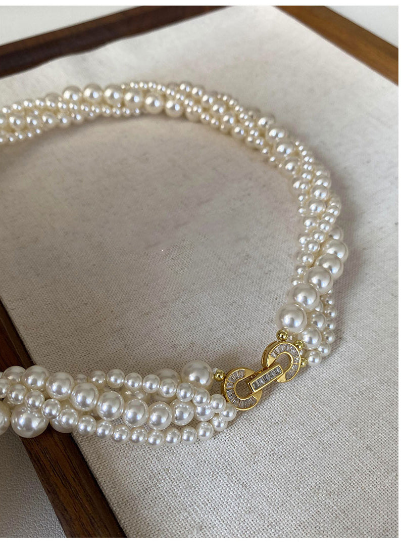 Twisted Braided Multi-Size Cream White Imitation Pearl Choker Necklace For Women 4/6/8mm Mixed Pearls Two Length 42-43cm & 45cm Vintage Elegant Wedding Daily Layered Jewelry Gift For Ladies Bride LUNA-X286
