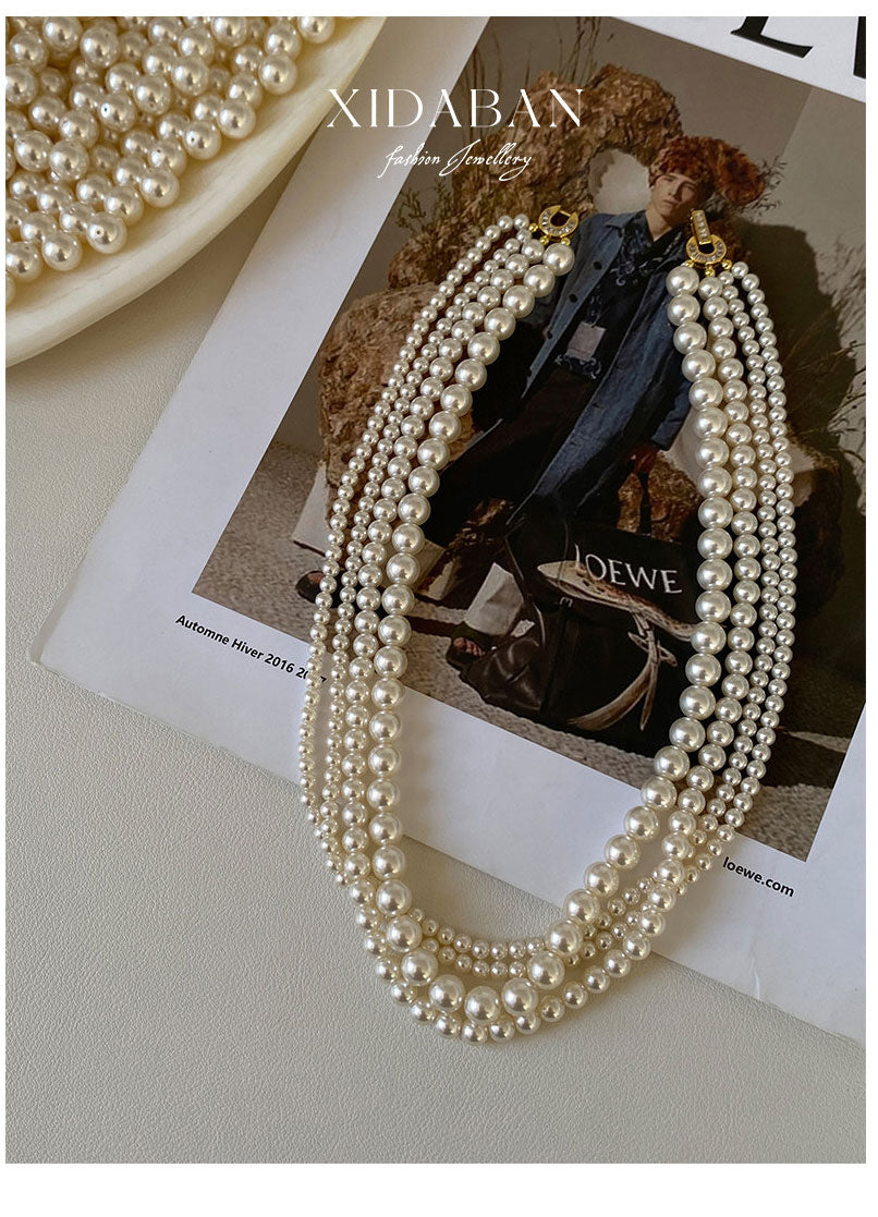 Twisted Braided Multi-Size Cream White Imitation Pearl Choker Necklace For Women 4/6/8mm Mixed Pearls Two Length 42-43cm & 45cm Vintage Elegant Wedding Daily Layered Jewelry Gift For Ladies Bride LUNA-X286