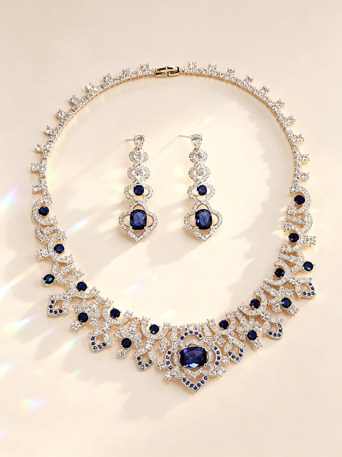 Vintage Baroque Sapphire Blue Wedding Jewelry Set, Radiant CZ Cluster Necklace & Dangle Stud Earrings Gift Set for Bride & Gala  LUNA-X174