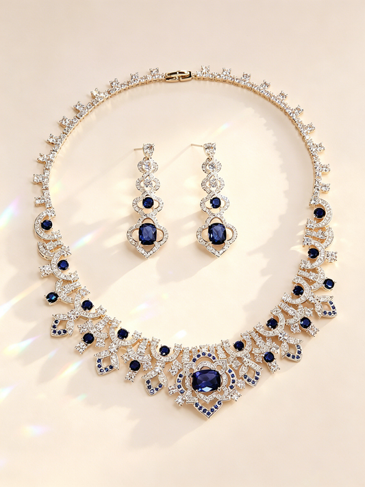 Vintage Baroque Sapphire Blue Wedding Jewelry Set, Radiant CZ Cluster Necklace & Dangle Stud Earrings Gift Set for Bride & Gala  LUNA-X174