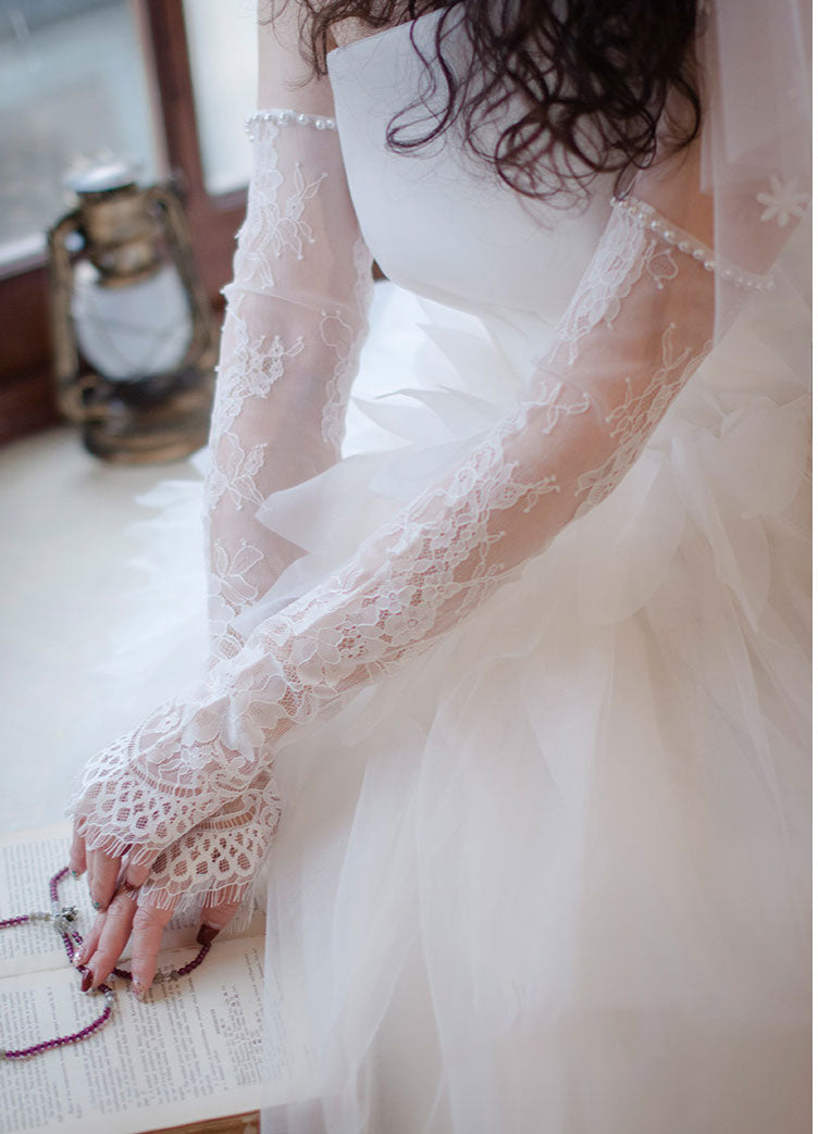 French Eyelash Lace Bridal Gloves - 55cm Opera Length Fingerless Wedding Gloves with Hand-Beaded imitation pearls - Vintage Regencycore White Elopement Mittens LUNA-X314