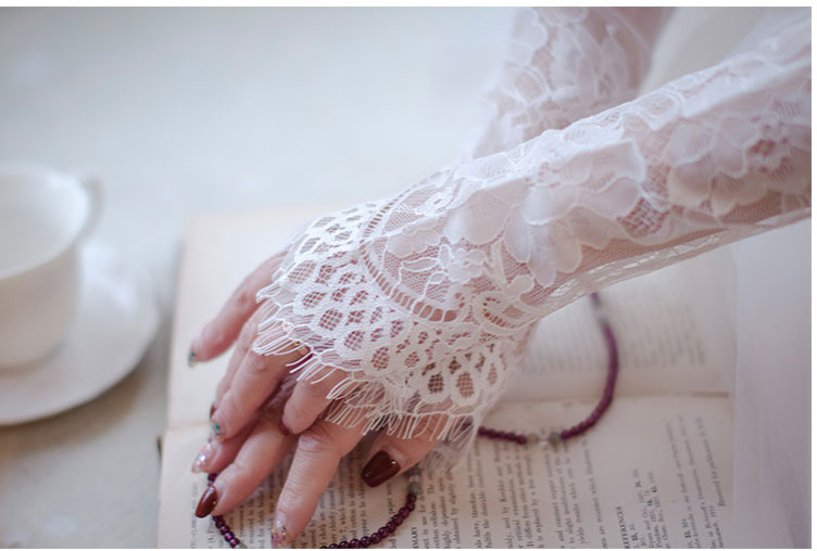 French Eyelash Lace Bridal Gloves - 55cm Opera Length Fingerless Wedding Gloves with Hand-Beaded imitation pearls - Vintage Regencycore White Elopement Mittens LUNA-X314