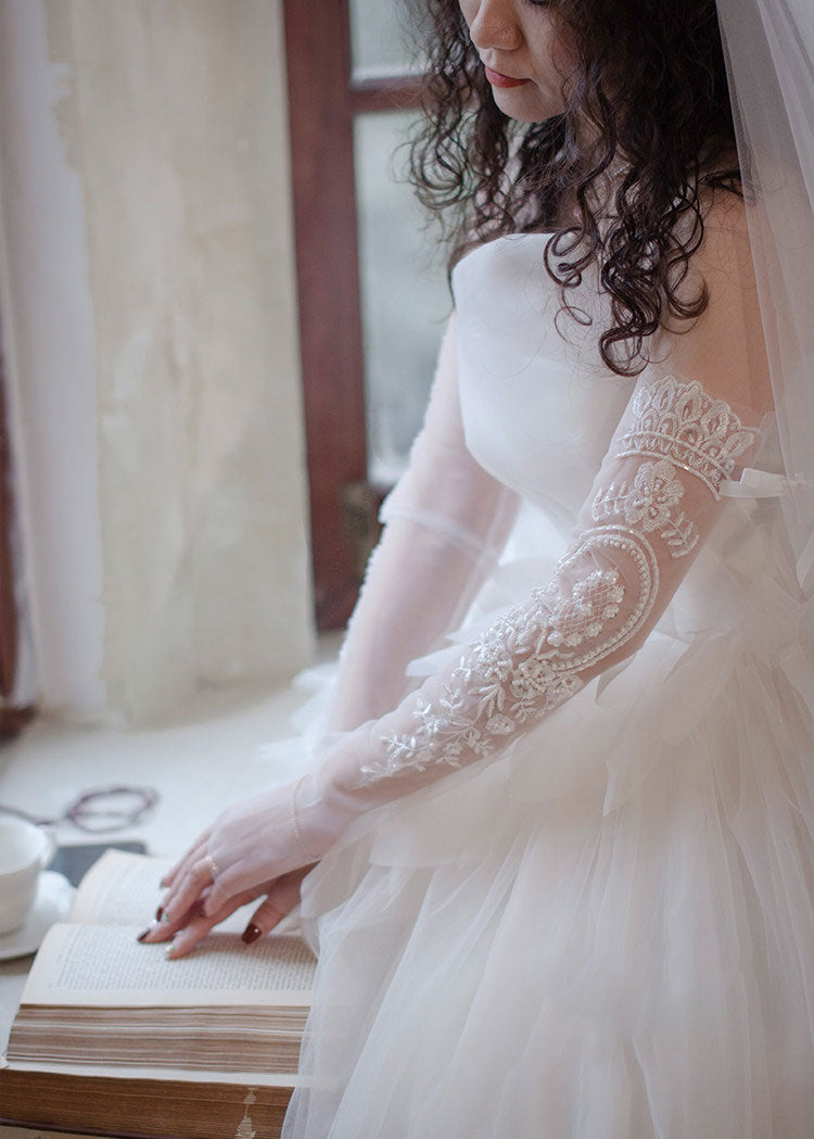 Edwardian Heavy Beaded Bridal Sleeves - 55cm Off-White Illusion Mesh Wedding Gloves - French Couture Embroidery Fingerless Arm Cuffs with Ribbon Tie  LUNA-X317