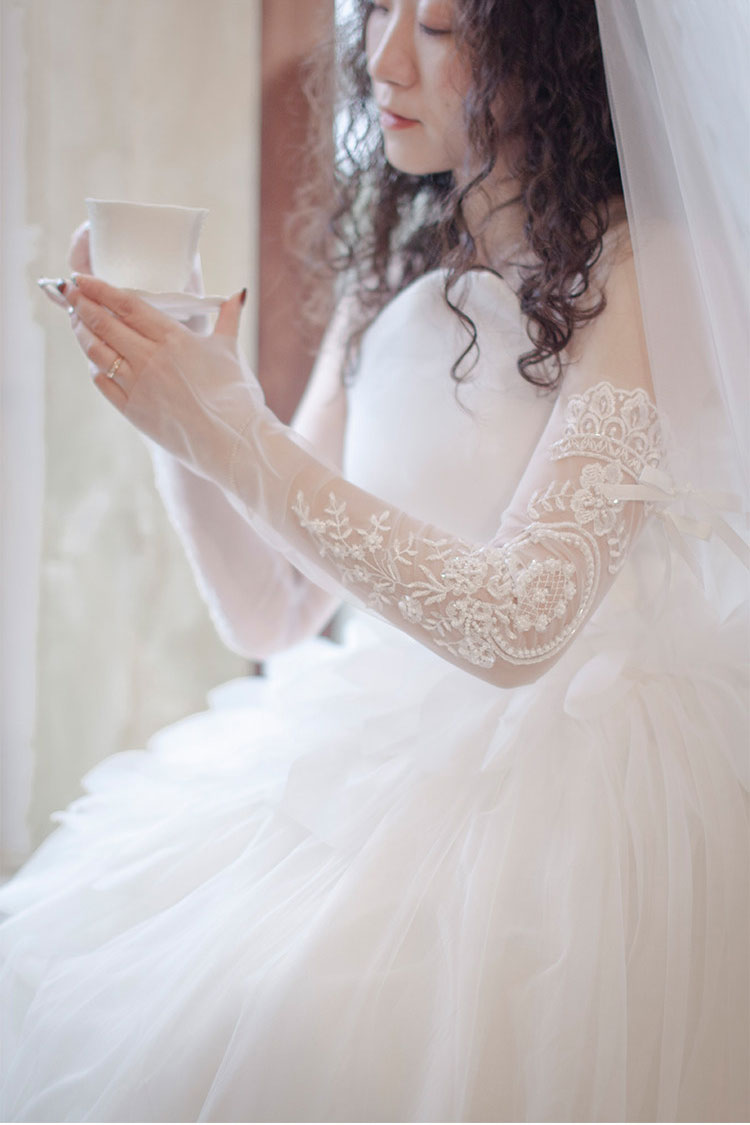 Edwardian Heavy Beaded Bridal Sleeves - 55cm Off-White Illusion Mesh Wedding Gloves - French Couture Embroidery Fingerless Arm Cuffs with Ribbon Tie  LUNA-X317