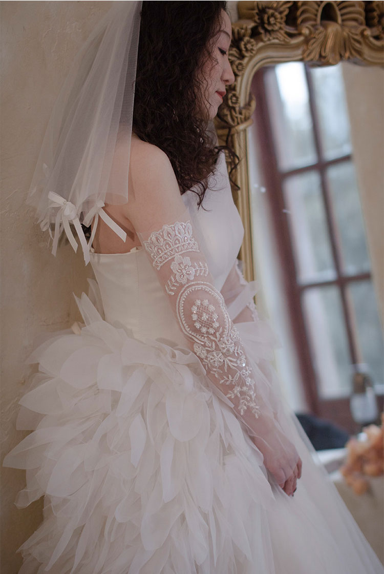 Edwardian Heavy Beaded Bridal Sleeves - 55cm Off-White Illusion Mesh Wedding Gloves - French Couture Embroidery Fingerless Arm Cuffs with Ribbon Tie  LUNA-X317