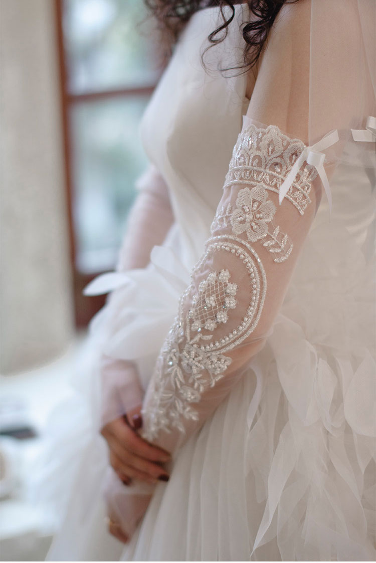 Edwardian Heavy Beaded Bridal Sleeves - 55cm Off-White Illusion Mesh Wedding Gloves - French Couture Embroidery Fingerless Arm Cuffs with Ribbon Tie  LUNA-X317