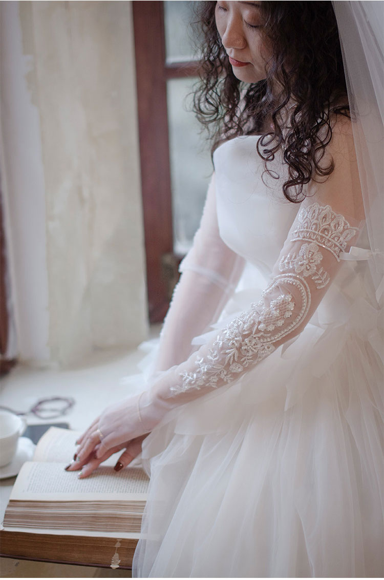 Edwardian Heavy Beaded Bridal Sleeves - 55cm Off-White Illusion Mesh Wedding Gloves - French Couture Embroidery Fingerless Arm Cuffs with Ribbon Tie  LUNA-X317