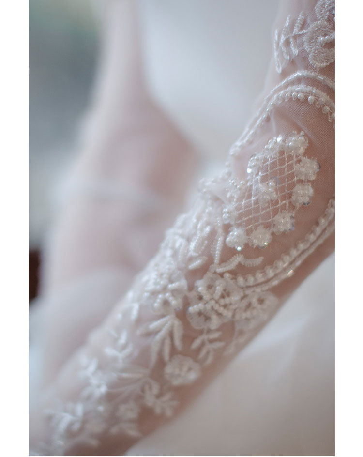 Edwardian Heavy Beaded Bridal Sleeves - 55cm Off-White Illusion Mesh Wedding Gloves - French Couture Embroidery Fingerless Arm Cuffs with Ribbon Tie  LUNA-X317