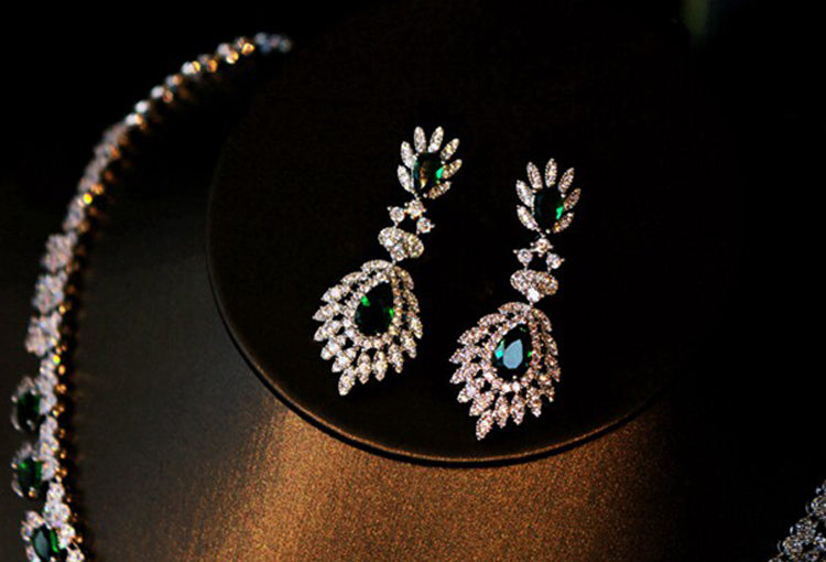 Luxury Cascading Floral Bridal Jewelry Set, Platinum Plated AAA Zircon Marquise Fringe Necklace & Dangle Earrings Set for Royal Wedding, Prom & Gala LUNA-X157