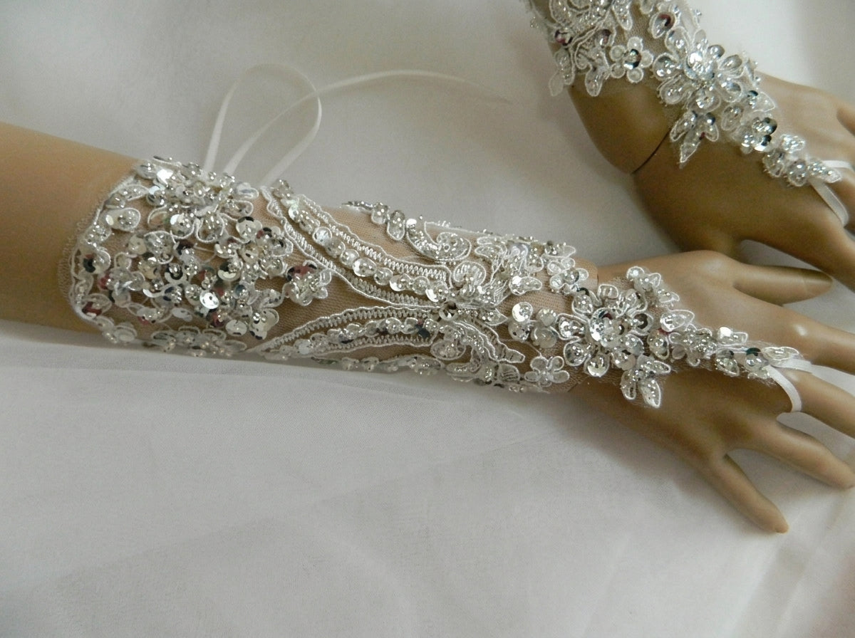 Sparkling Sequin Bridal Lace Gloves - Fingerless Wedding Gloves with Ring Loop - Luxury Beaded Applique Corset Bridal Mitts  LUNA-X336