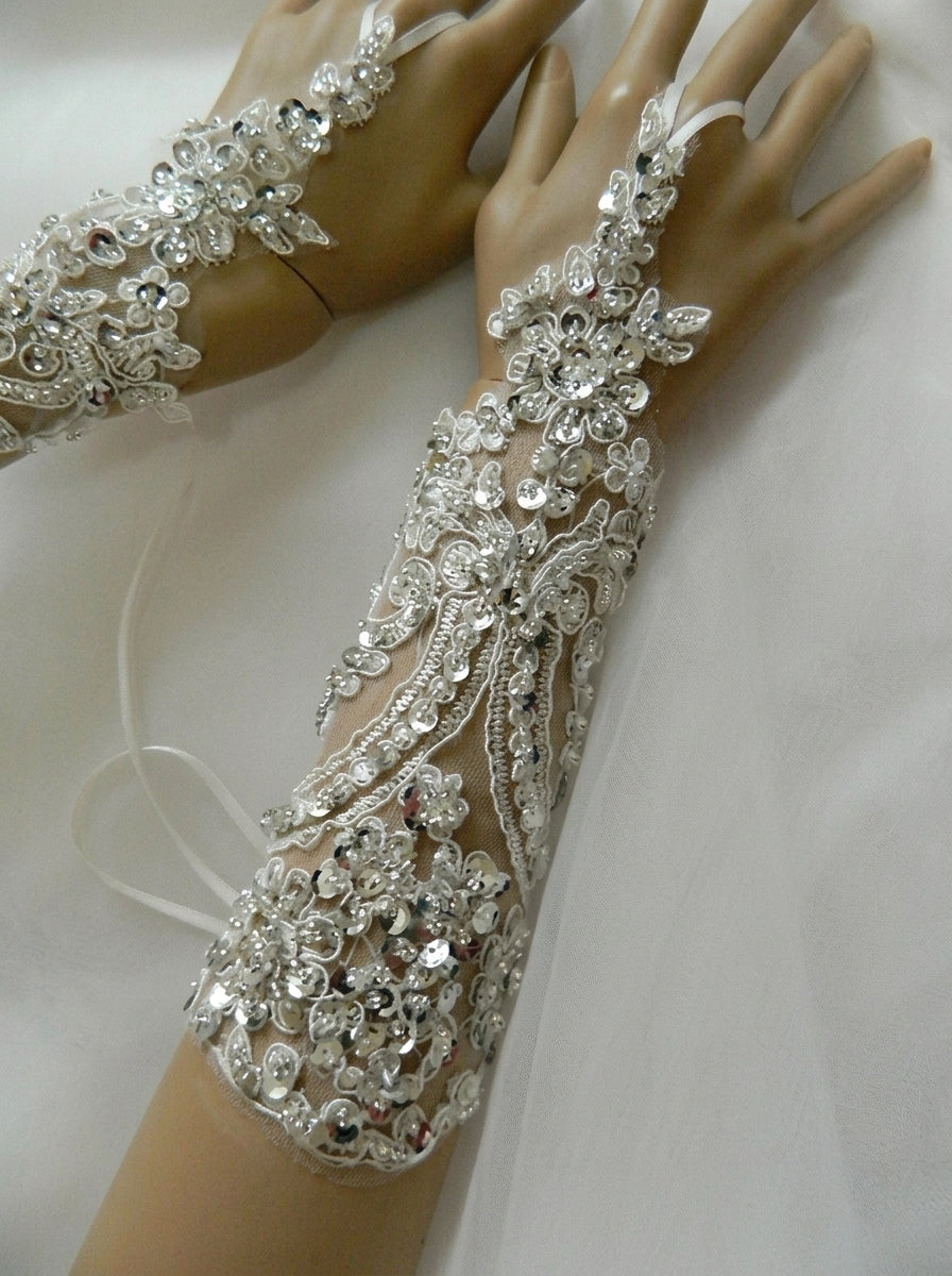 Sparkling Sequin Bridal Lace Gloves - Fingerless Wedding Gloves with Ring Loop - Luxury Beaded Applique Corset Bridal Mitts  LUNA-X336